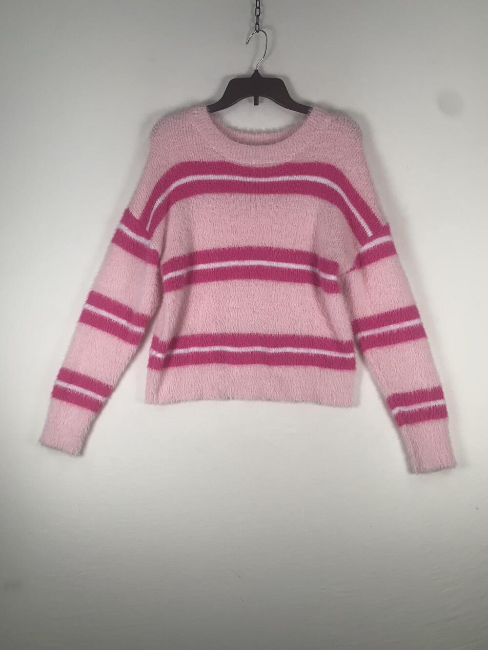 No Boundaries Sweater Girls L 12-14 Pink Soft Fuzzy Striped Knit Pullover